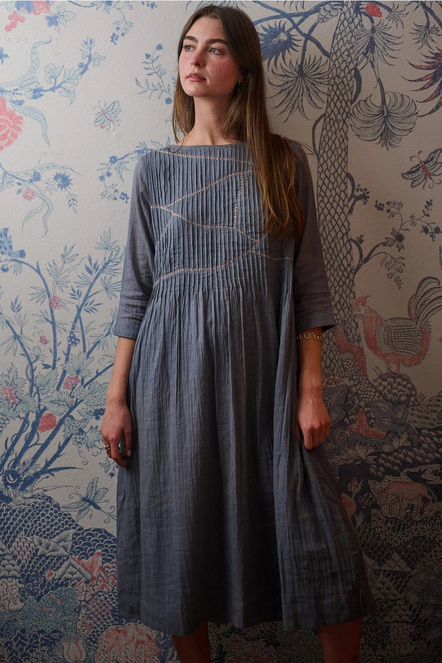 Alma Pintucked Dress - Slate Blue