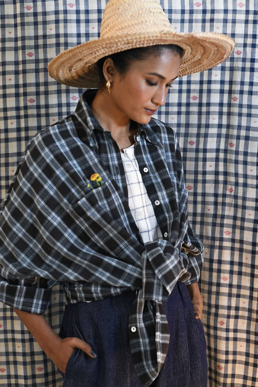 Handloom Boyfriend Shirt - Dark Blue Plaid