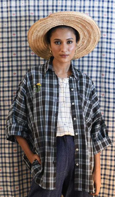 Handloom Boyfriend Shirt - Dark Blue Plaid