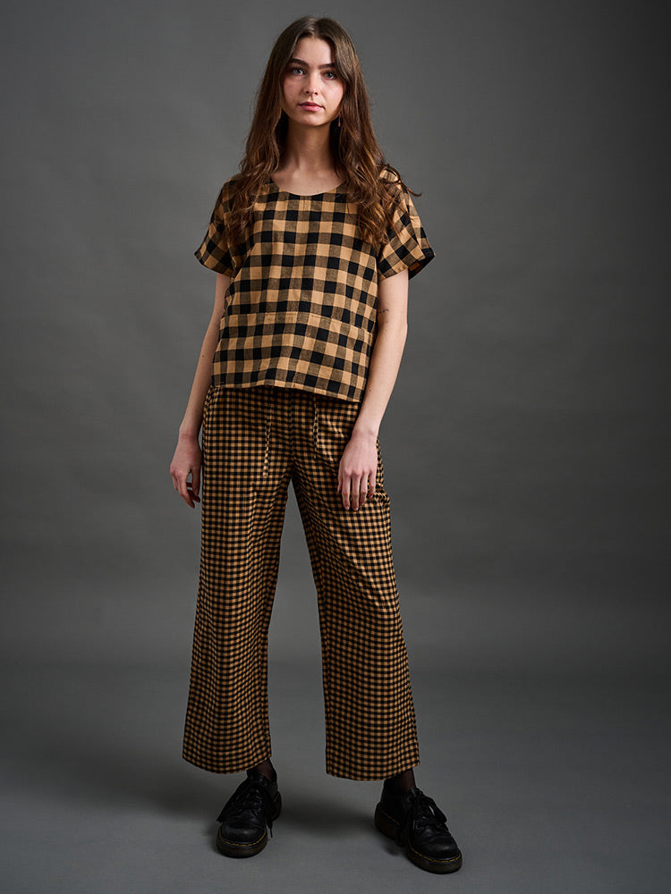 Emmy Drawstring Pants - Black & Tan Gingham