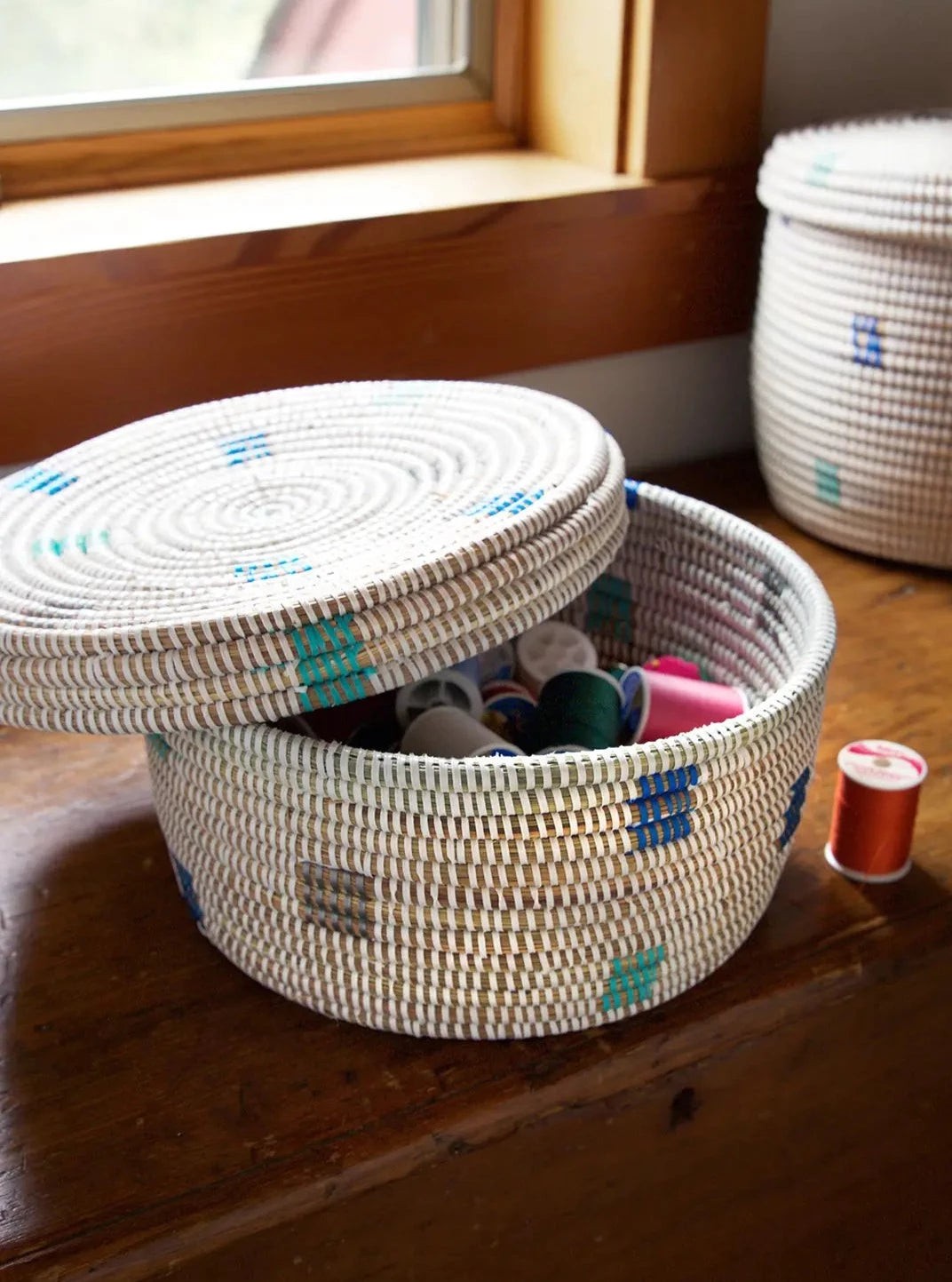 White Lidded Storage Box with Shades of Blue Dots